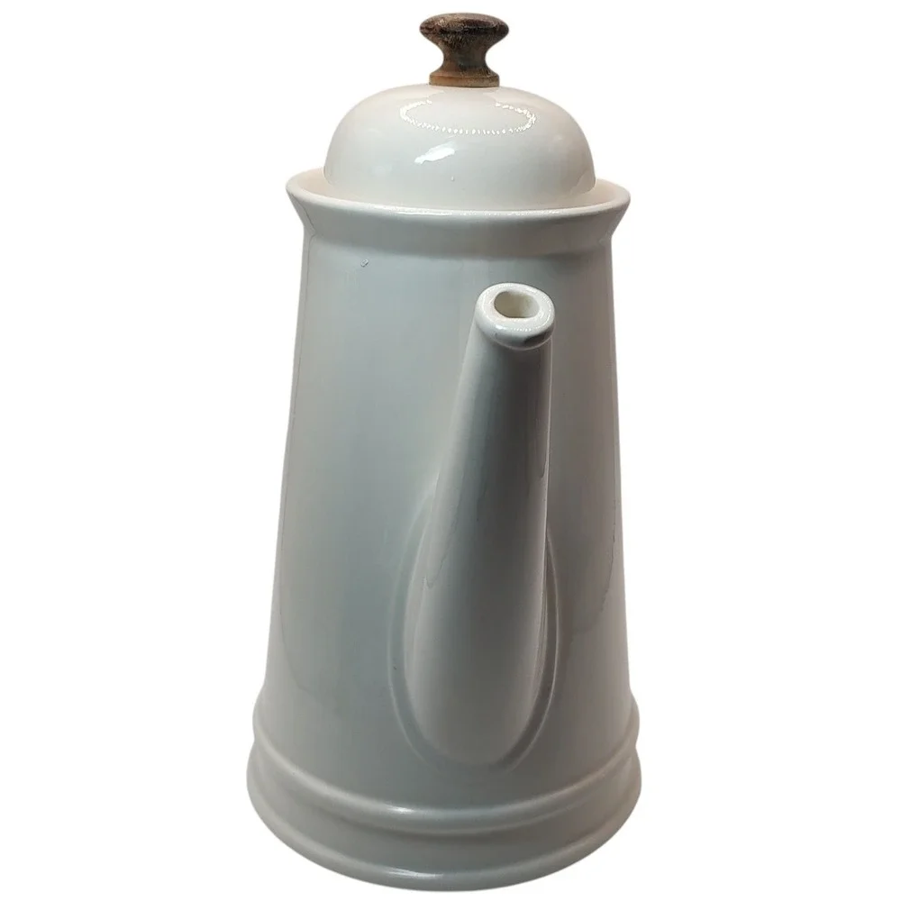 Vintage Stoneware Coffee Pot with Lid White Wooden Knob on Lid Ten Inch Six Cups